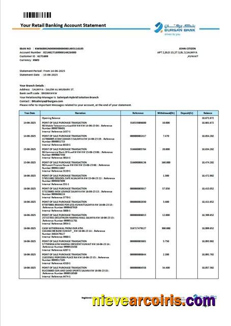 Kuwait Burgan Bank retail account statement Word and PDF